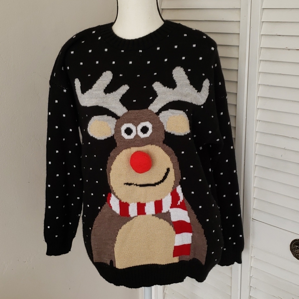 Christmas Rudolph the Reindeer "UGLY SWEATER" , B/W Polka Dot w/red Nose, XL
